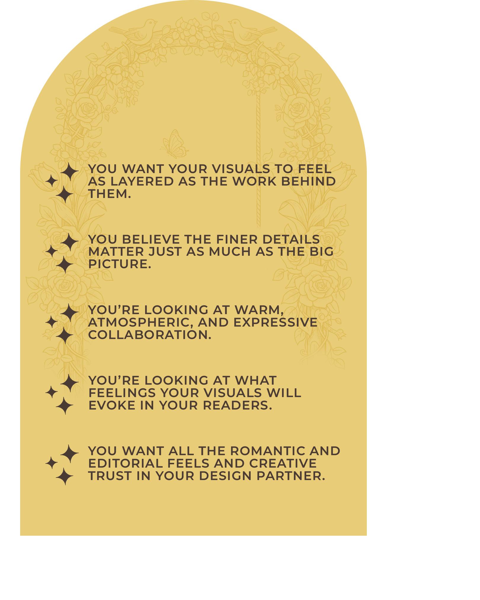 Yellow graphic featuring a bullet list describing qualities that make the studio and client a good creative match