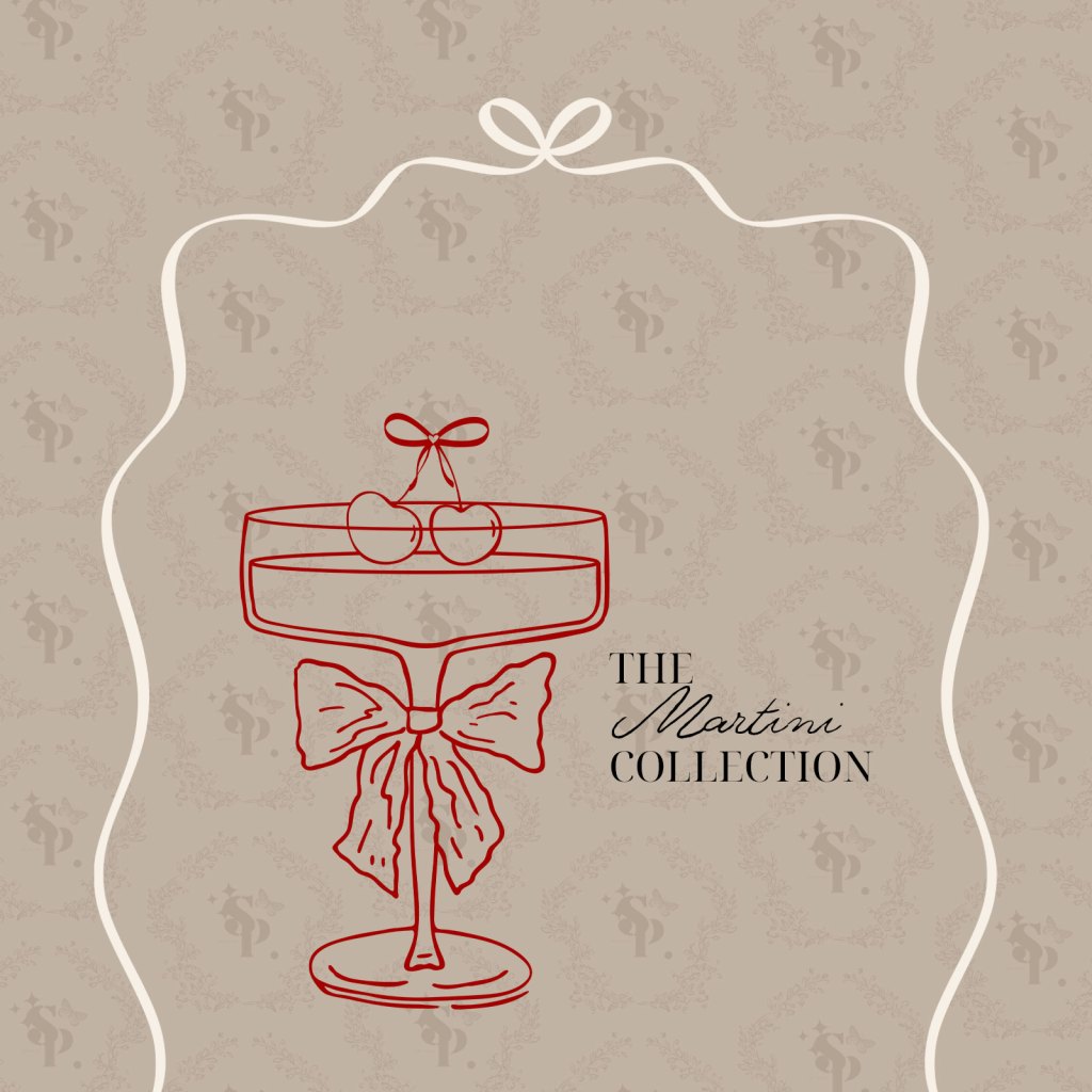 illustrated cocktail glass in red on tan background with brown serif and script font