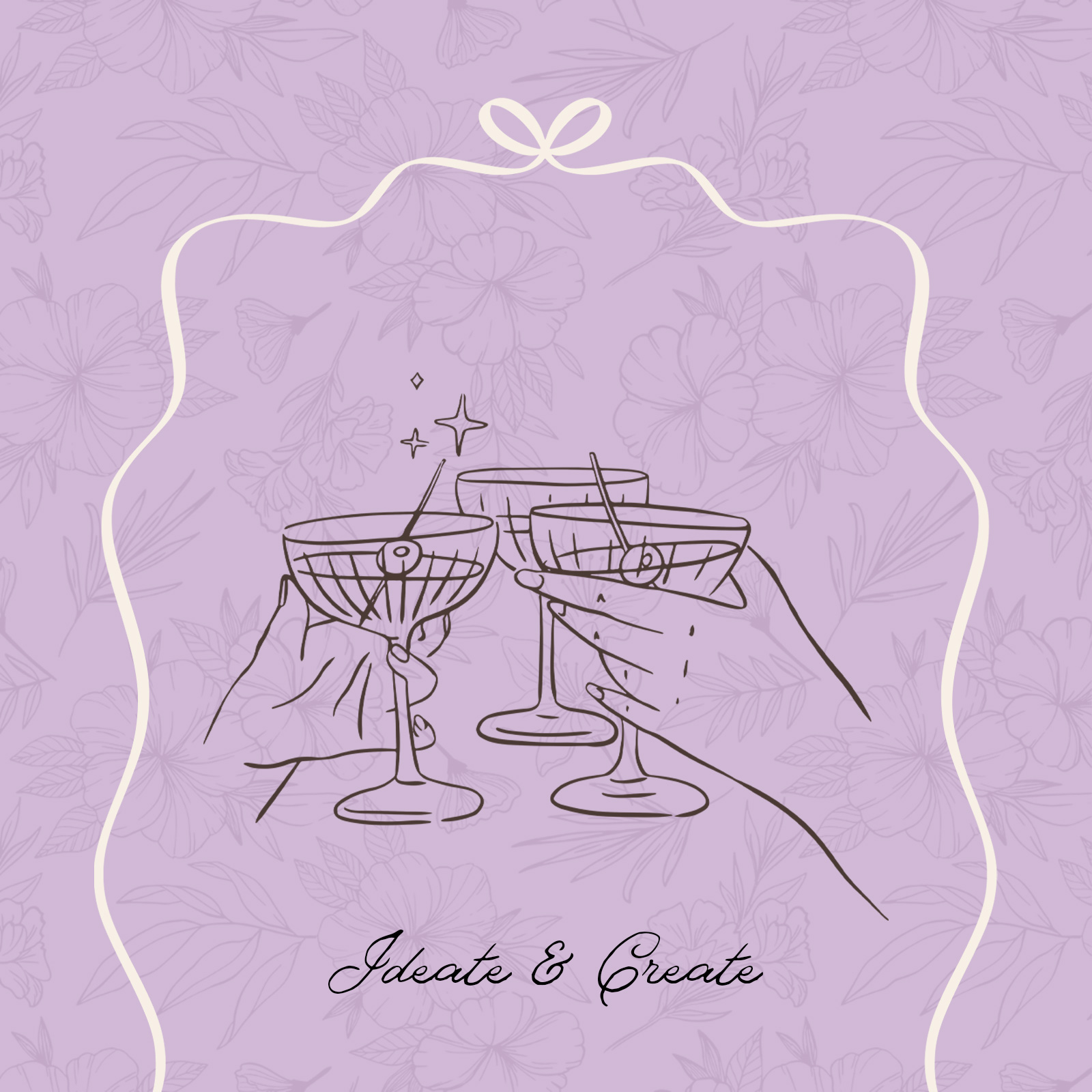 Ideate graphic with purple background, beige bow border, and three glasses clinking in the center