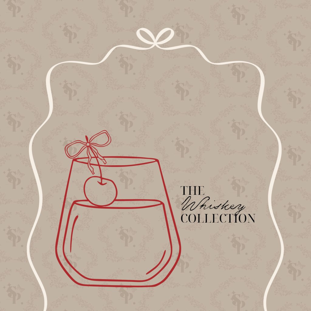 illustrated cocktail glass in red on tan background with brown serif and script font